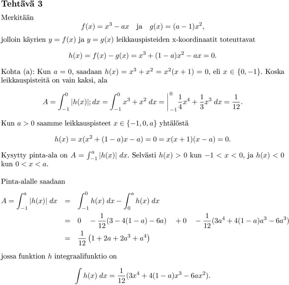 1 4 x4 + 1 3 x3 dx = 1 12 h(x) = x(x 2 + (1 a)x a) = 0 = x(x + 1)(x a) = 0 Kysytty pinta-ala on A = a h(x) dx Selvästi h(x) > 0 kun < x < 0, ja h(x) < 0 kun 0 < x < a Pinta-alalle saadaan A = a