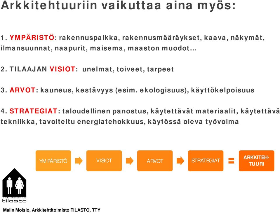 TILAAJAN VISIOT: unelmat, toiveet, tarpeet 3. ARVOT: kauneus, kestävyys (esim. ekologisuus), käyttökelpoisuus 4.