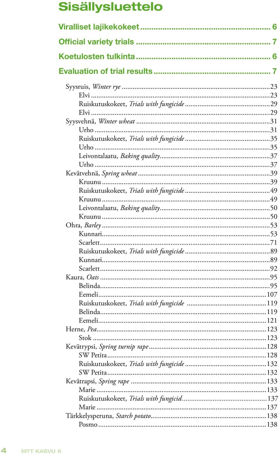 ..37 Kevätvehnä, Spring wheat...39 Kruunu...39 Ruiskutuskokeet, Trials with fungicide...49 Kruunu...49 Leivontalaatu, Baking quality...50 Kruunu...50 Ohra, Barley...53 Kunnari...53 Scarlett.