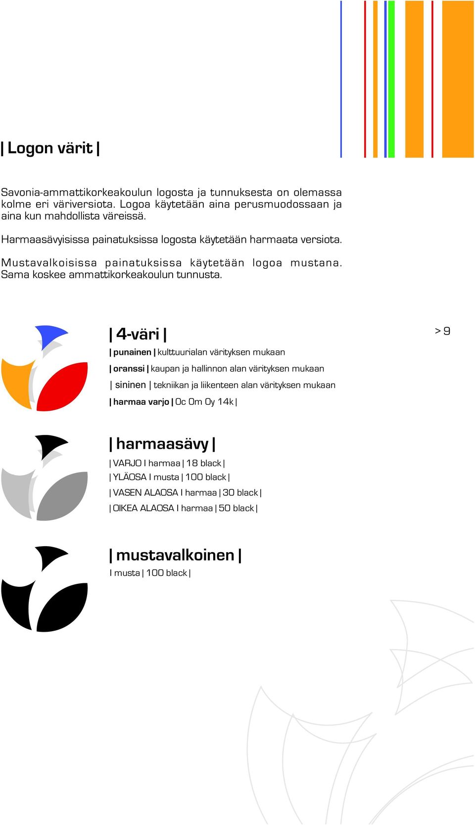 4-väri punainen kulttuurialan värityksen mukaan > 9 oranssi kaupan ja hallinnon alan värityksen mukaan sininen tekniikan ja liikenteen alan värityksen mukaan harmaa