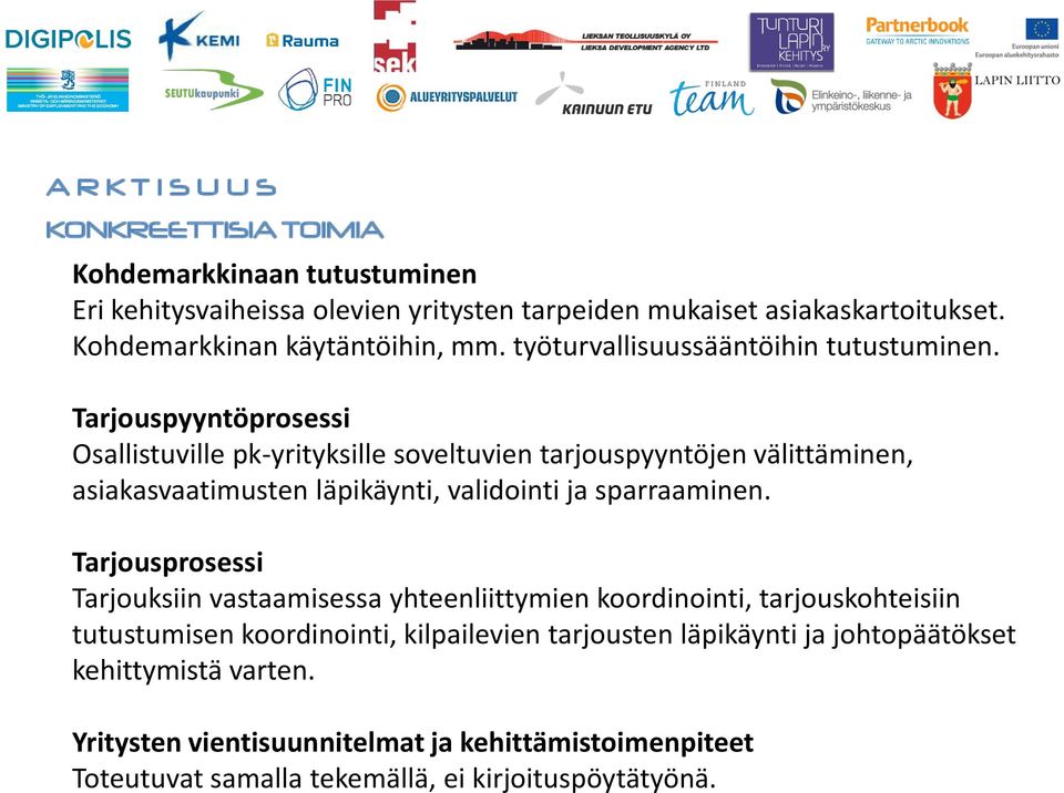 Tarjouspyyntöprosessi Osallistuville pk-yrityksille soveltuvien tarjouspyyntöjen välittäminen, asiakasvaatimusten läpikäynti, validointi ja sparraaminen.