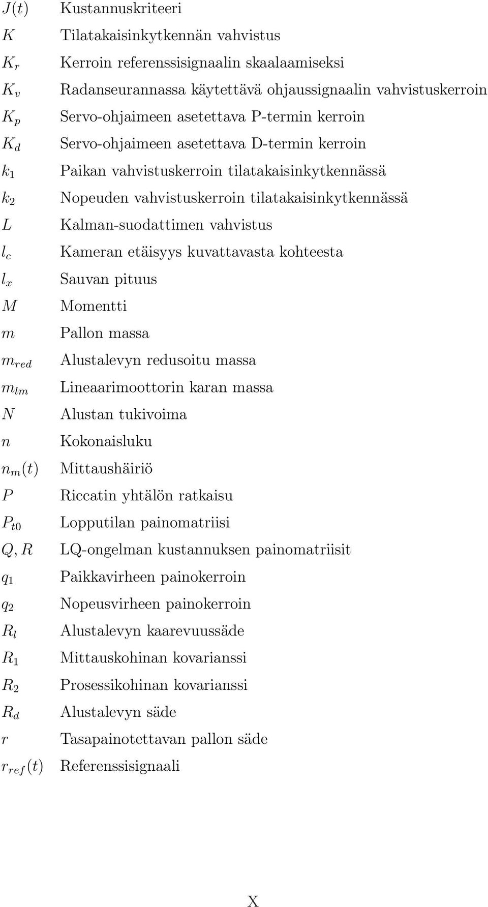 tilatakaisinkytkennässä Kalman-suodattimen vahvistus Kameran etäisyys kuvattavasta kohteesta Sauvan pituus Momentti Pallon massa Alustalevyn redusoitu massa Lineaarimoottorin karan massa Alustan