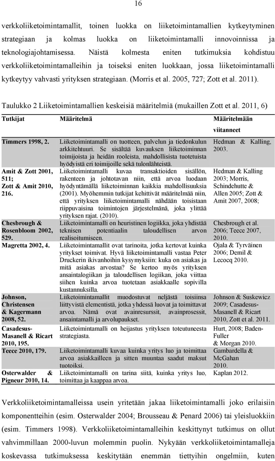 2005, 727; Zott et al. 2011). Taulukko 2 Liiketoimintamallien keskeisiä määritelmiä (mukaillen Zott et al. 2011, 6) Tutkijat Määritelmä Määritelmään Timmers 1998, 2.