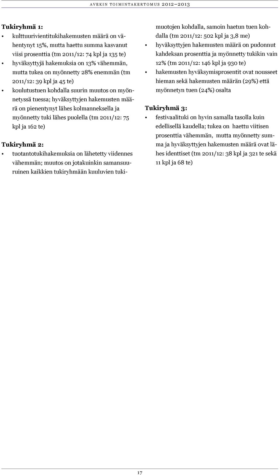 lähes puolella (tm 2011/12: 75 kpl ja 162 te) Tukiryhmä 2: tuotantotukihakemuksia on lähetetty viidennes vähemmän; muutos on jotakuinkin samansuuruinen kaikkien tukiryhmään kuuluvien tukimuotojen