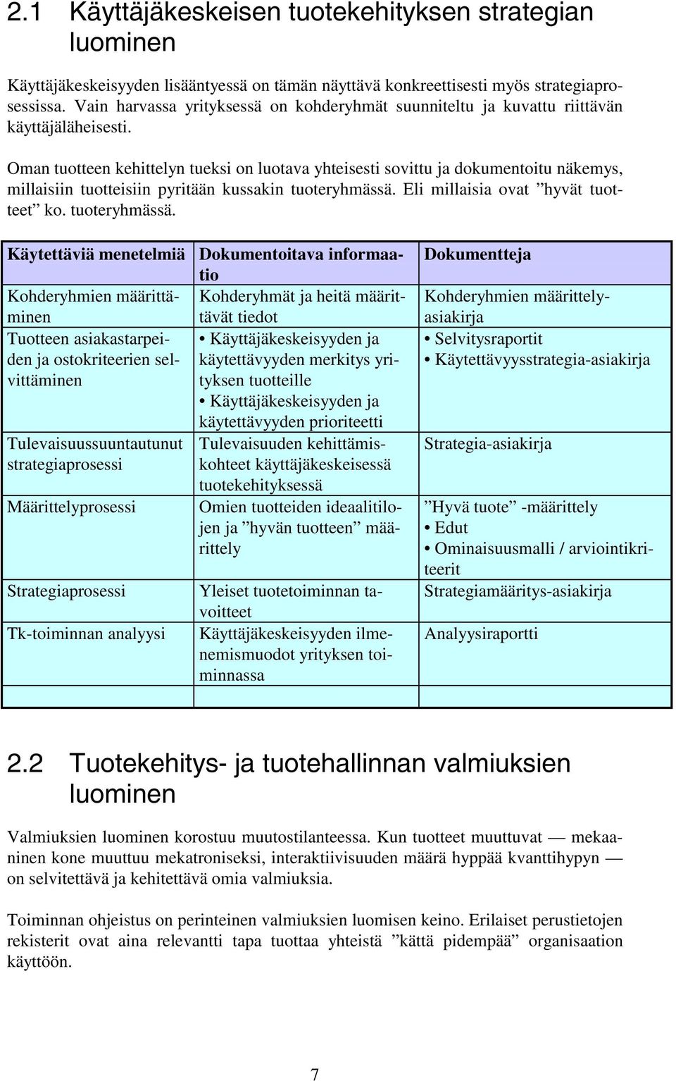 Oman tuotteen kehittelyn tueksi on luotava yhteisesti sovittu ja dokumentoitu näkemys, millaisiin tuotteisiin pyritään kussakin tuoteryhmässä.