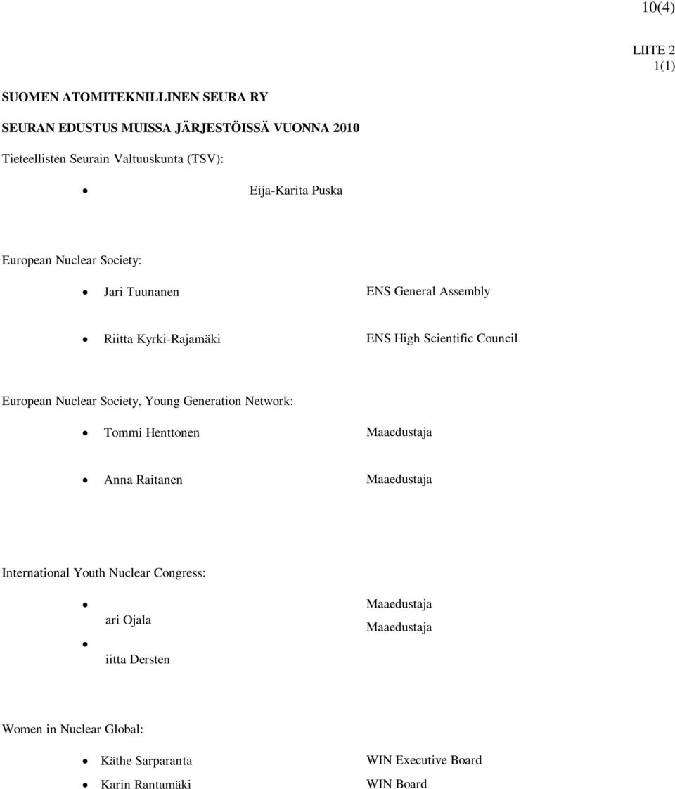 European Nuclear Society, Young Generation Network: Tommi Henttonen Maaedustaja Anna Raitanen Maaedustaja International Youth Nuclear
