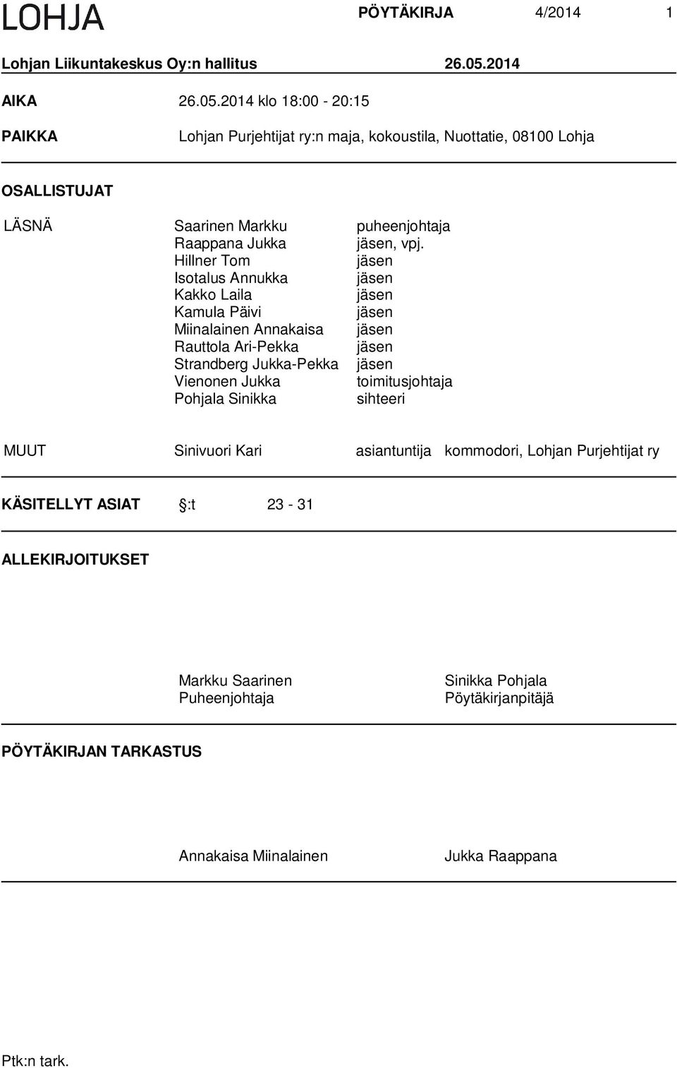 2014 klo 18:00-20:15 PAIKKA Lohjan Purjehtijat ry:n maja, kokoustila, Nuottatie, 08100 Lohja OSALLISTUJAT LÄSNÄ Saarinen Markku puheenjohtaja Raappana Jukka jäsen, vpj.