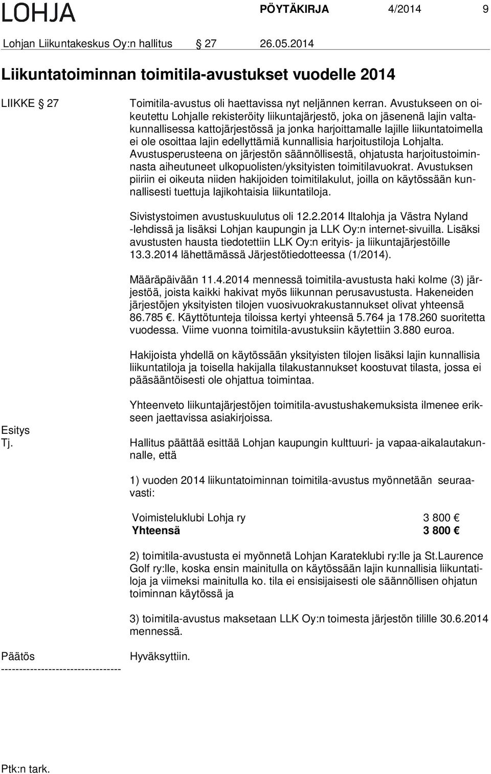 lajin edellyttämiä kunnallisia harjoitustiloja Lohjalta. Avustusperusteena on järjestön säännöllisestä, ohjatusta har joi tus toi minnas ta aiheutuneet ulkopuolisten/yksityisten toimitilavuokrat.