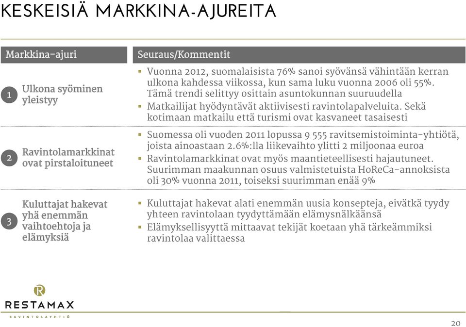 Sekä kotimaan matkailu että turismi ovat kasvaneet tasaisesti Suomessa oli vuoden 0 lopussa 9 555 ravitsemistoiminta-yhtiötä, joista ainoastaan.