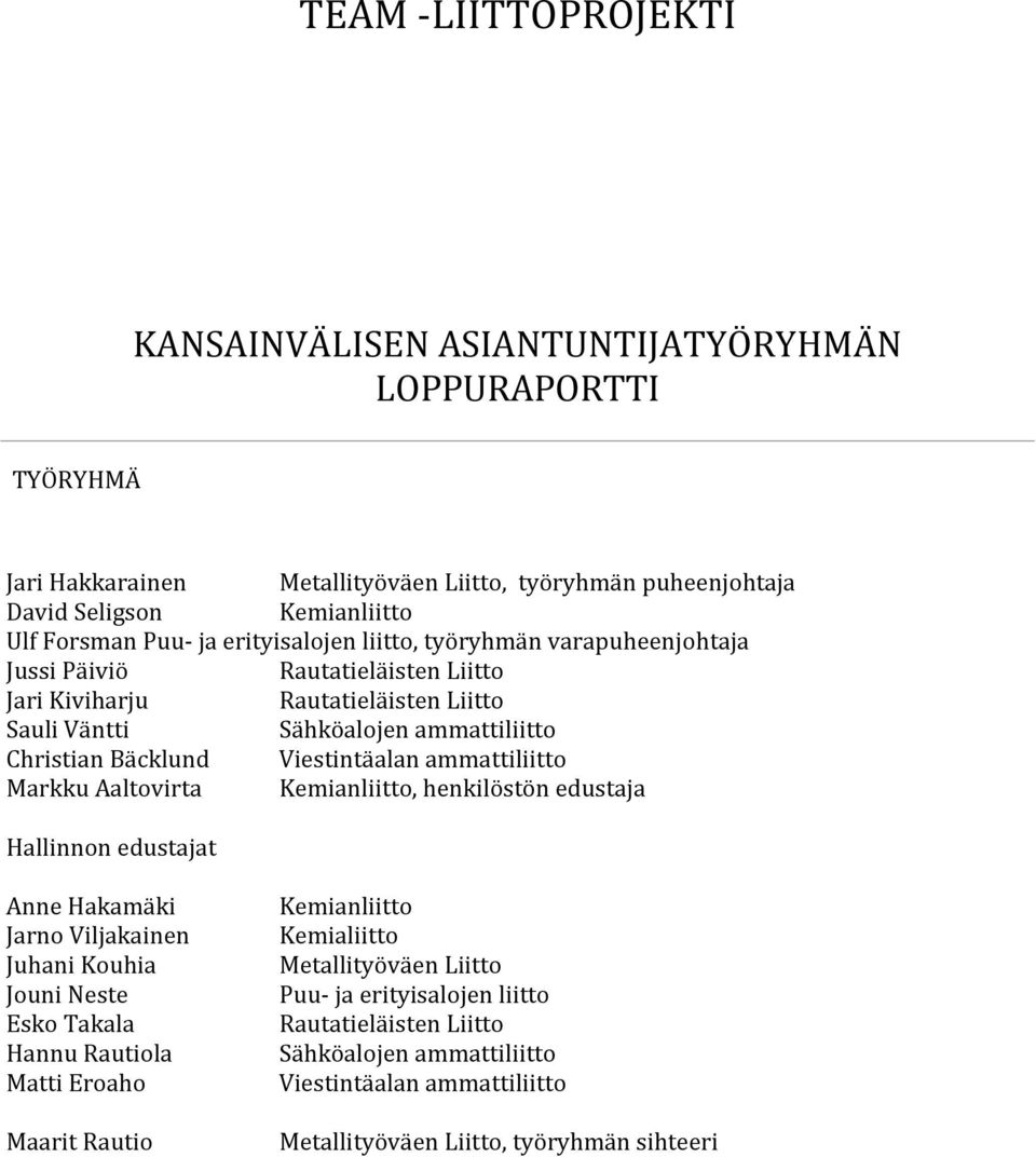 Viestintäalan ammattiliitto Markku Aaltovirta Kemianliitto, henkilöstön edustaja Hallinnon edustajat Anne Hakamäki Jarno Viljakainen Juhani Kouhia Jouni Neste Esko Takala Hannu Rautiola Matti