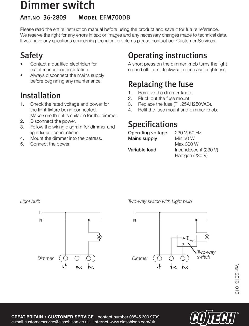 Safety Contact a qualified electrician for maintenance and installation. Always disconnect the mains supply before beginning any maintenance. Installation 1.