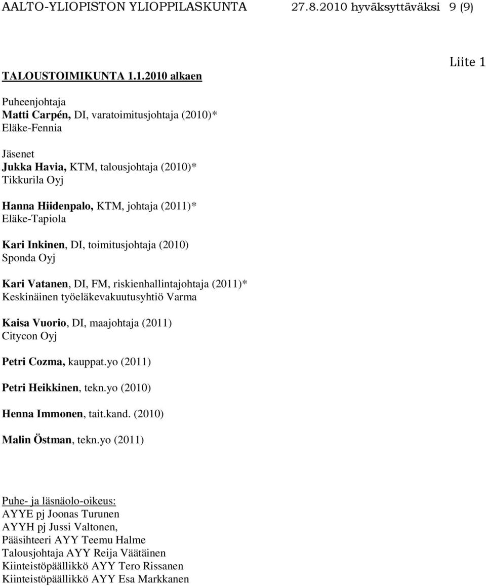 1.2010 alkaen Liite 1 Puheenjohtaja Matti Carpén, DI, varatoimitusjohtaja (2010)* Eläke-Fennia Jäsenet Jukka Havia, KTM, talousjohtaja (2010)* Tikkurila Oyj Hanna Hiidenpalo, KTM, johtaja (2011)*