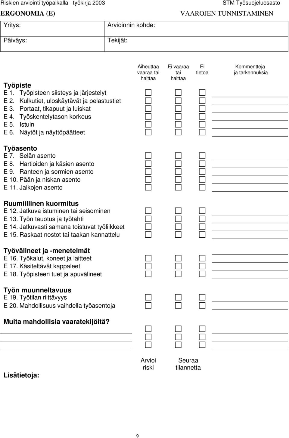 Selän asento E 8. Hartioiden ja käsien asento E 9. Ranteen ja sormien asento E 10. Pään ja niskan asento E 11. Jalkojen asento Ruumiillinen kuormitus E 12. Jatkuva istuminen tai seisominen E 13.