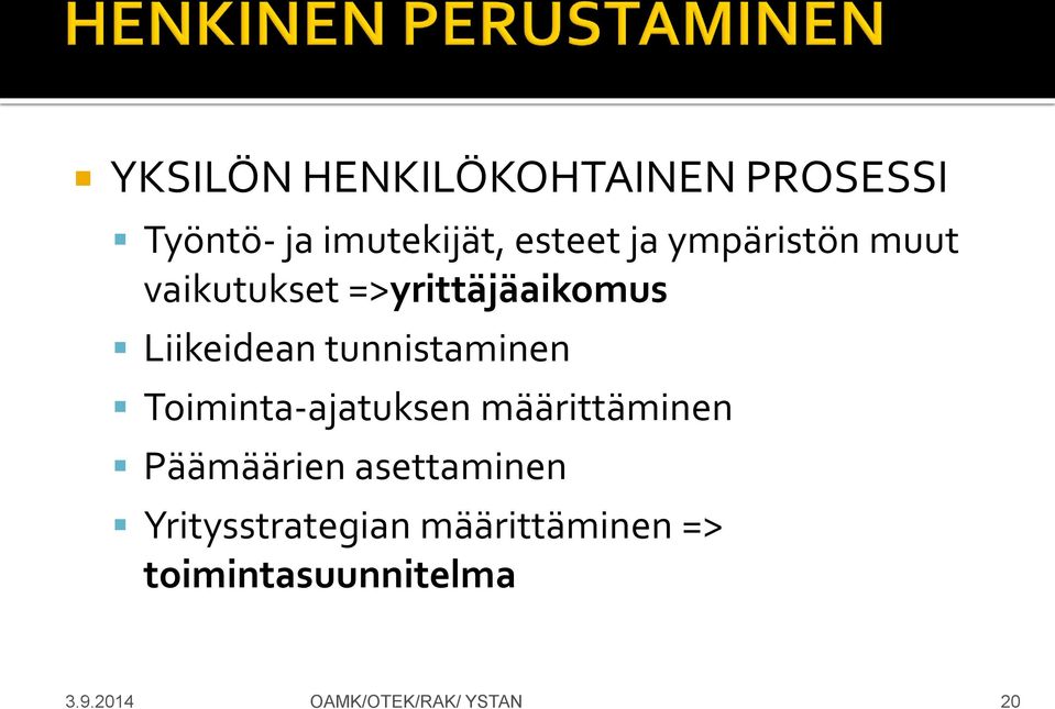 tunnistaminen Toiminta-ajatuksen määrittäminen Päämäärien asettaminen