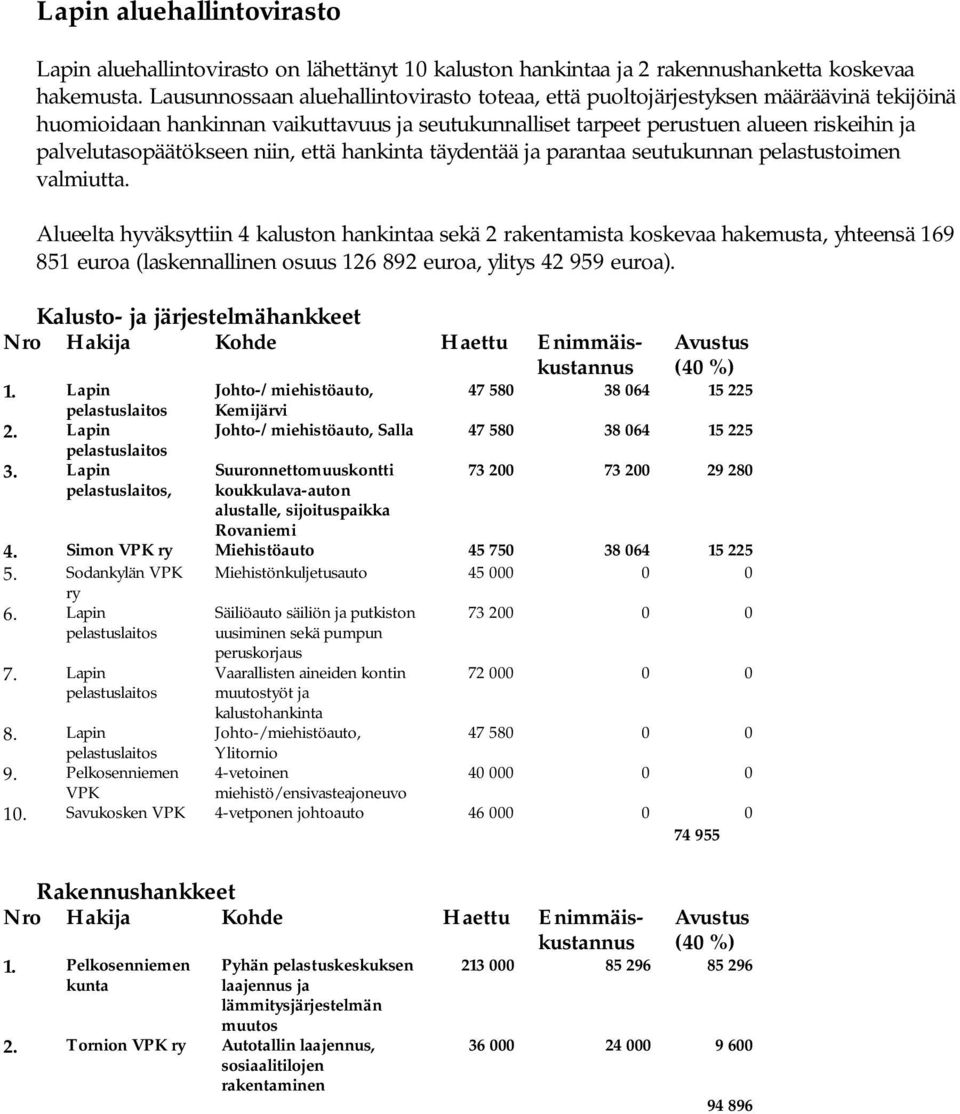 palvelutasopäätökseen niin, että hankinta täydentää ja parantaa seutukunnan pelastustoimen valmiutta.