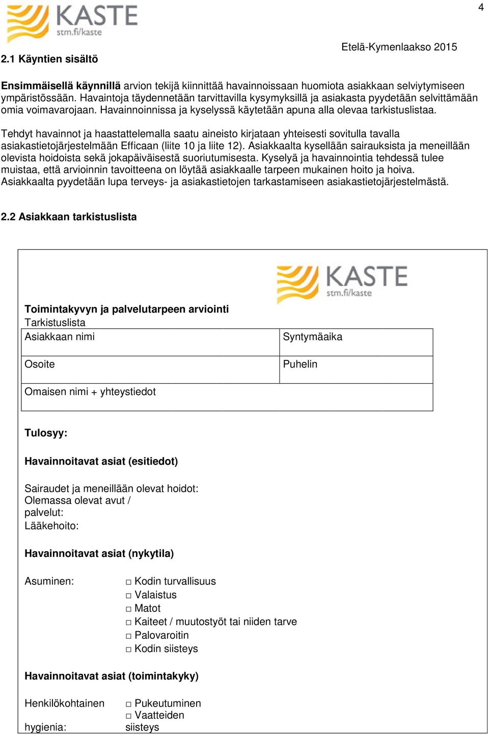 Tehdyt havainnot ja haastattelemalla saatu aineisto kirjataan yhteisesti sovitulla tavalla asiakastietojärjestelmään Efficaan (liite 10 ja liite 12).