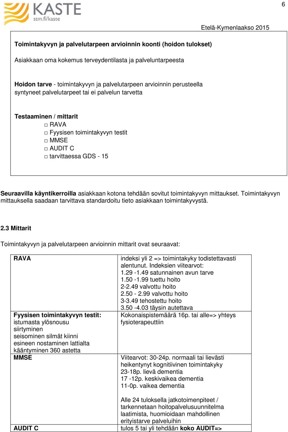 sovitut toimintakyvyn mittaukset. Toimintakyvyn mittauksella saadaan tarvittava standardoitu tieto asiakkaan toimintakyvystä. 2.