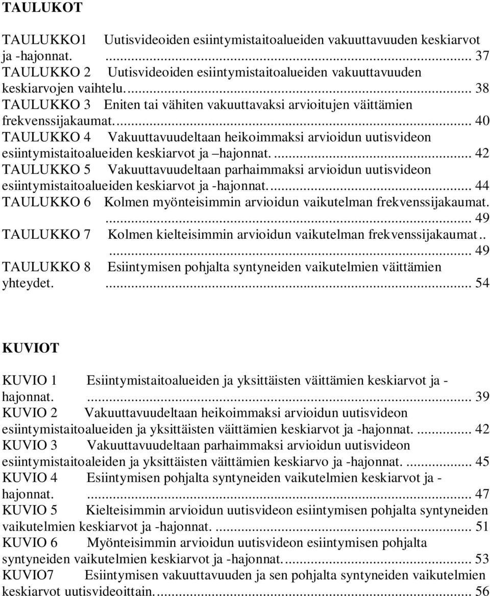 ... 40 TAULUKKO 4 Vakuuttavuudeltaan heikoimmaksi arvioidun uutisvideon esiintymistaitoalueiden keskiarvot ja hajonnat.