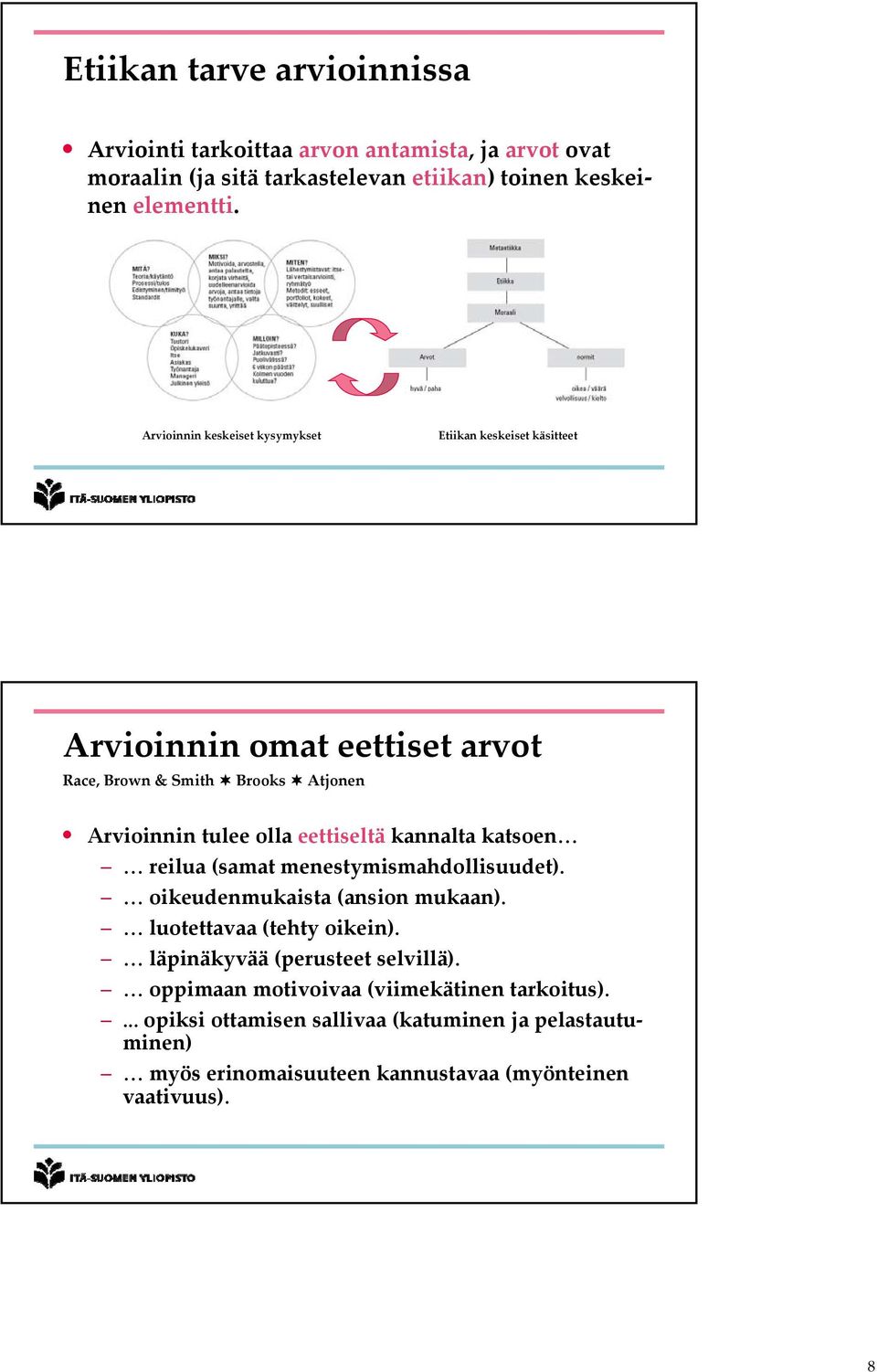 eettiseltä kannalta katsoen reilua (samat menestymismahdollisuudet). oikeudenmukaista (ansion mukaan). luotettavaa (tehty oikein).