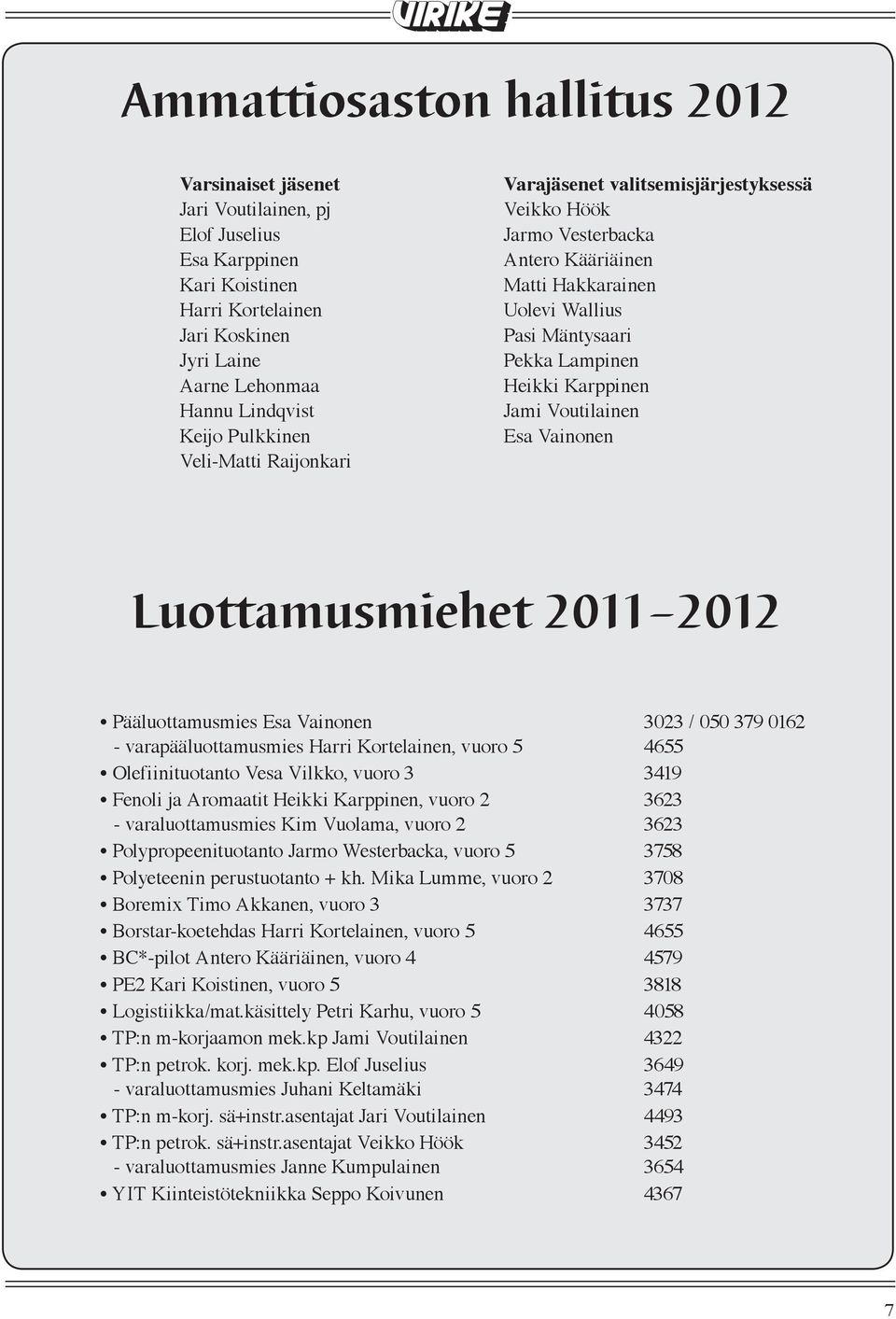 Jami Voutilainen Esa Vainonen Luottamusmiehet 2011 2012 Pääluottamusmies Esa Vainonen 3023 / 050 379 0162 - varapääluottamusmies Harri Kortelainen, vuoro 5 4655 Olefiinituotanto Vesa Vilkko, vuoro 3