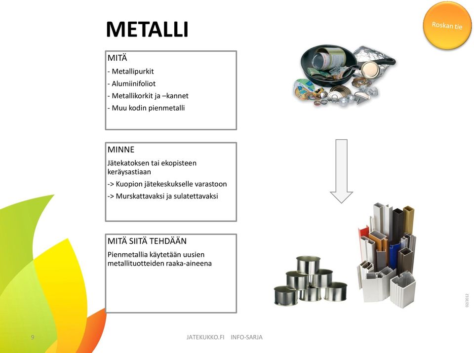 jätekeskukselle varastoon -> Murskattavaksi ja sulatettavaksi MITÄ SIITÄ TEHDÄÄN