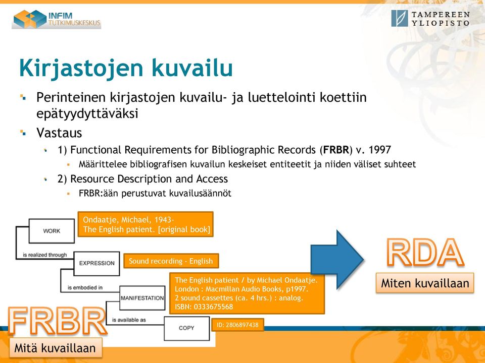 1997 Määrittelee bibliografisen kuvailun keskeiset entiteetit ja niiden väliset suhteet 2) Resource Description and Access FRBR:ään perustuvat