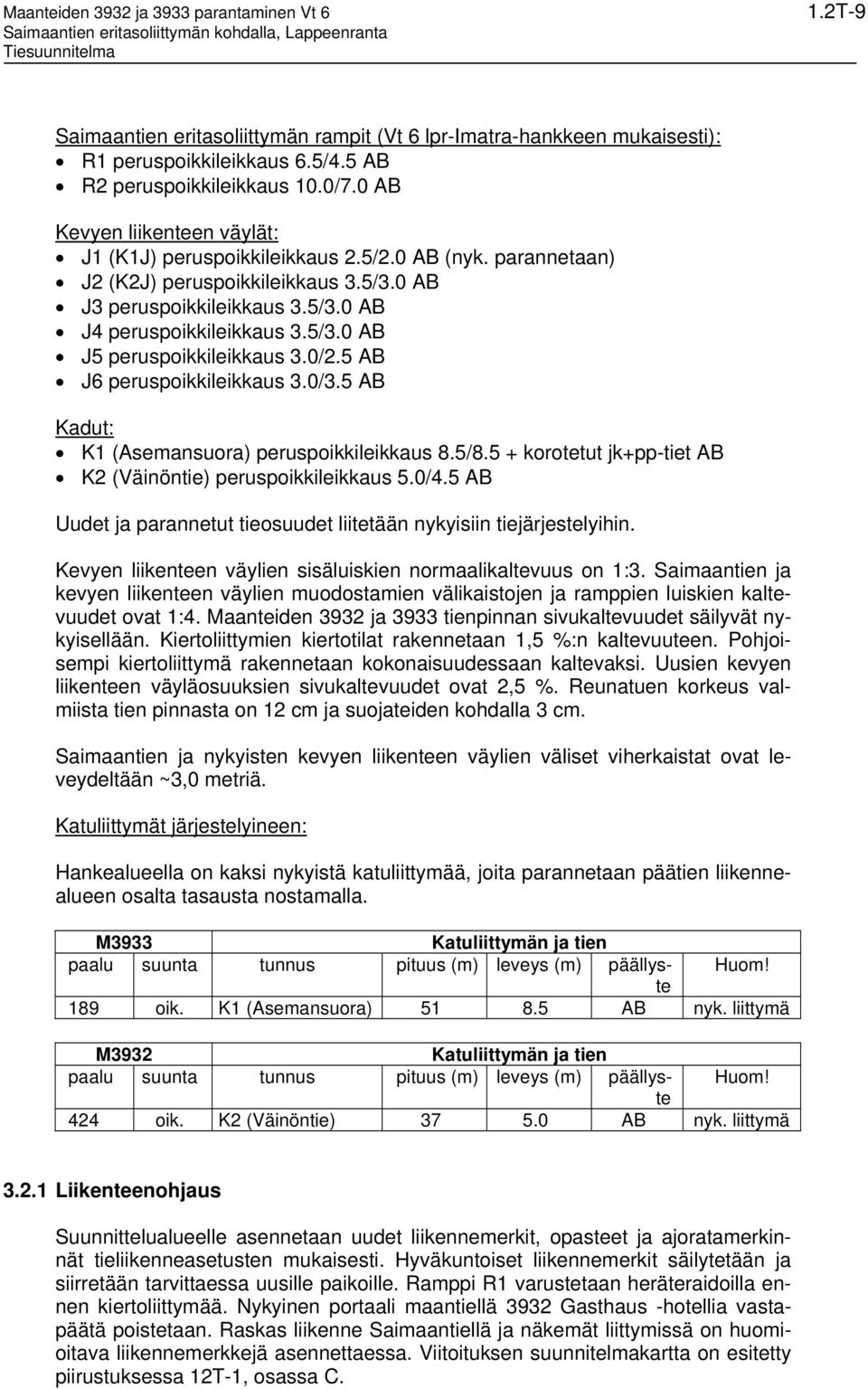 0/2.5 AB J6 peruspoikkileikkaus 3.0/3.5 AB Kadut: K1 (Asemansuora) peruspoikkileikkaus 8.5/8.5 + korotetut jk+pp-tiet AB K2 (Väinöntie) peruspoikkileikkaus 5.0/4.