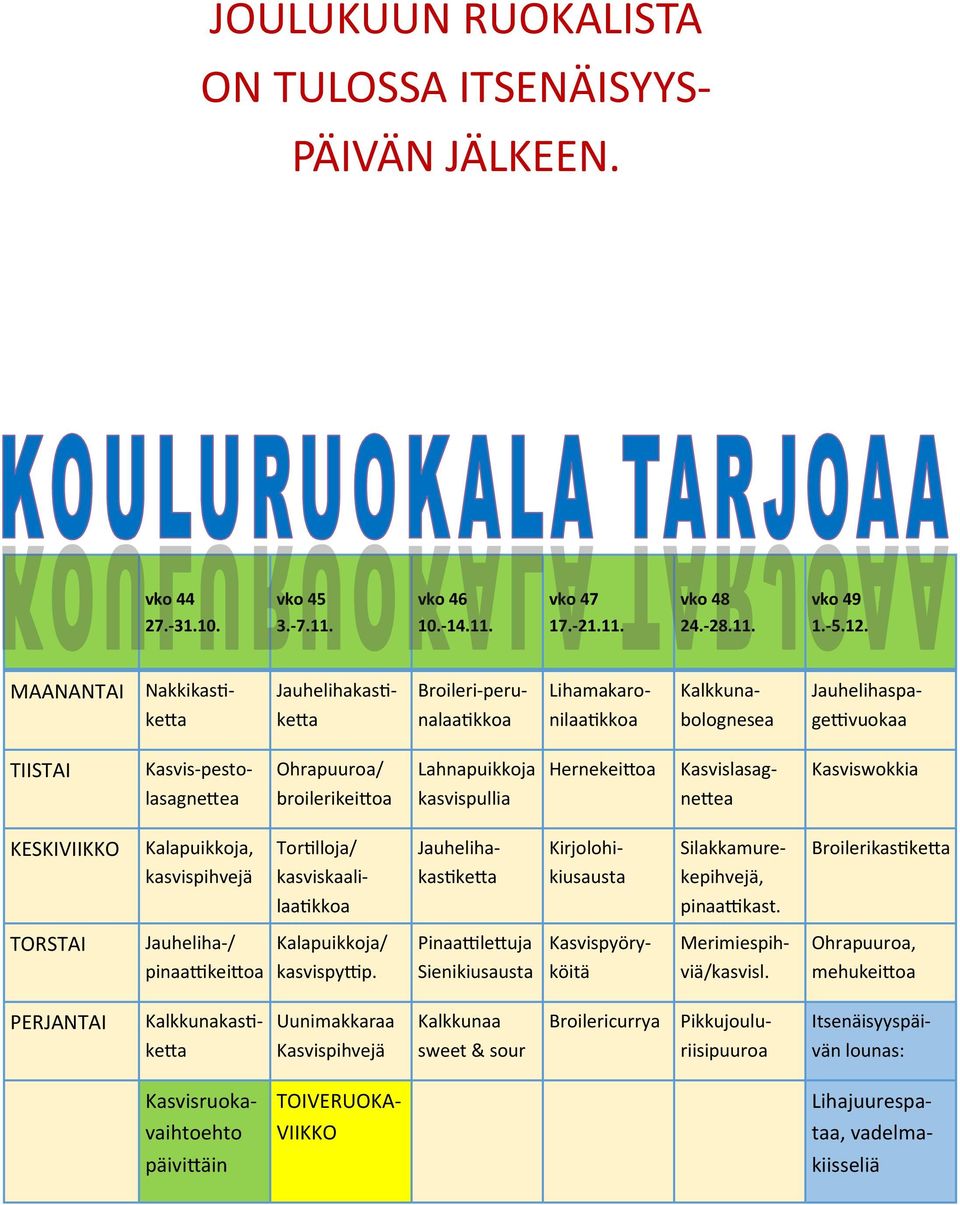 Hernekeittoa Kasvislasag- Kasviswokkia lasagnettea broilerikeittoa kasvispullia nettea KESKIVIIKKO Kalapuikkoja, Tortilloja/ Jauheliha- Kirjolohi- Silakkamure- Broilerikastiketta kasvispihvejä