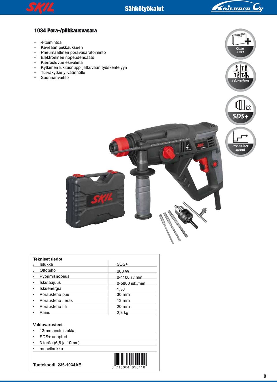 Istukka SDS+ Ottoteho 600 W Pyörimisnopeus 0-1100 r / min Iskutaajuus 0-5800 isk.