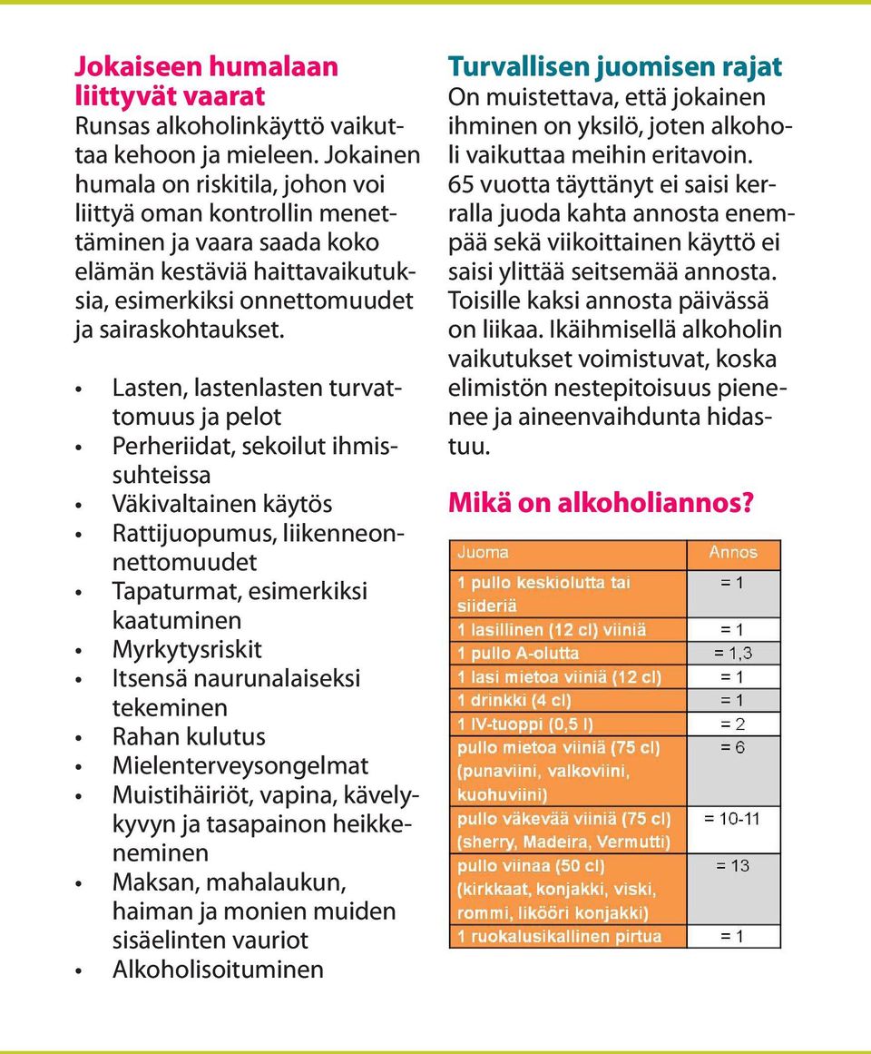 Lasten, lastenlasten turvattomuus ja pelot Perheriidat, sekoilut ihmissuhteissa Väkivaltainen käytös Rattijuopumus, liikenneonnettomuudet Tapaturmat, esimerkiksi kaatuminen Myrkytysriskit Itsensä