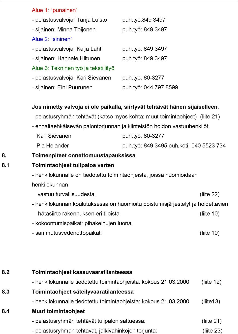 työ: 044 797 8599 Jos nimetty valvoja ei ole paikalla, siirtyvät tehtävät hänen sijaiselleen.