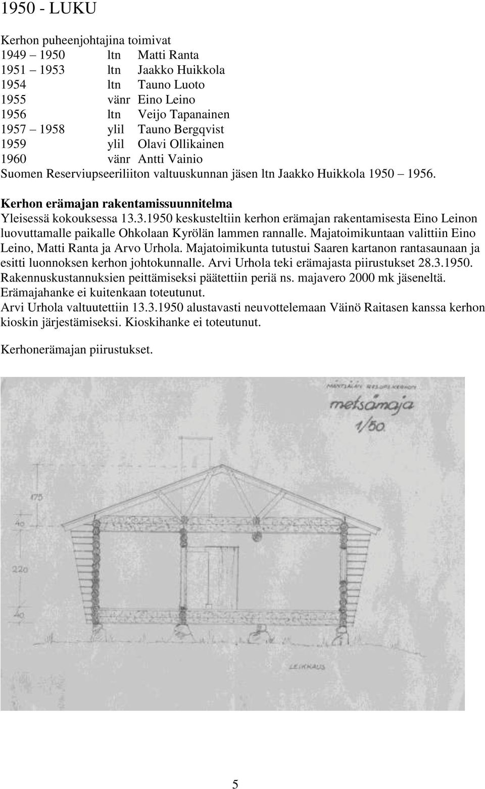 3.1950 keskusteltiin kerhon erämajan rakentamisesta Eino Leinon luovuttamalle paikalle Ohkolaan Kyrölän lammen rannalle. Majatoimikuntaan valittiin Eino Leino, Matti Ranta ja Arvo Urhola.