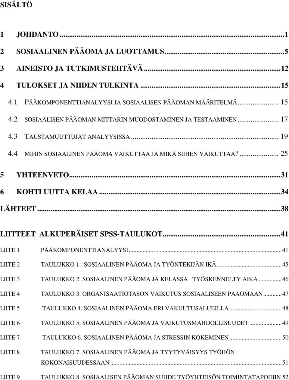 .. 31 6 KOHTI UUTTA KELAA... 34 LÄHTEET... 38 LIITTEET ALKUPERÄISET SPSS-TAULUKOT... 41 LIITE 1 PÄÄKOMPONENTTIANALYYSI... 41 LIITE 2 TAULUKKO 1. SOSIAALINEN PÄÄOMA JA TYÖNTEKIJÄN IKÄ.