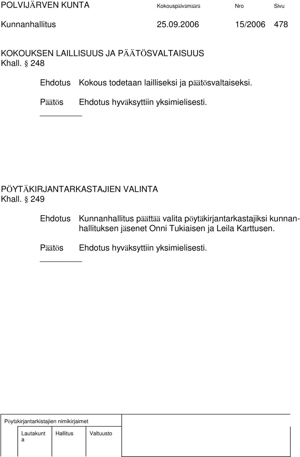 PÖYTÄKIRJANTARKASTAJIEN VALINTA Khll.