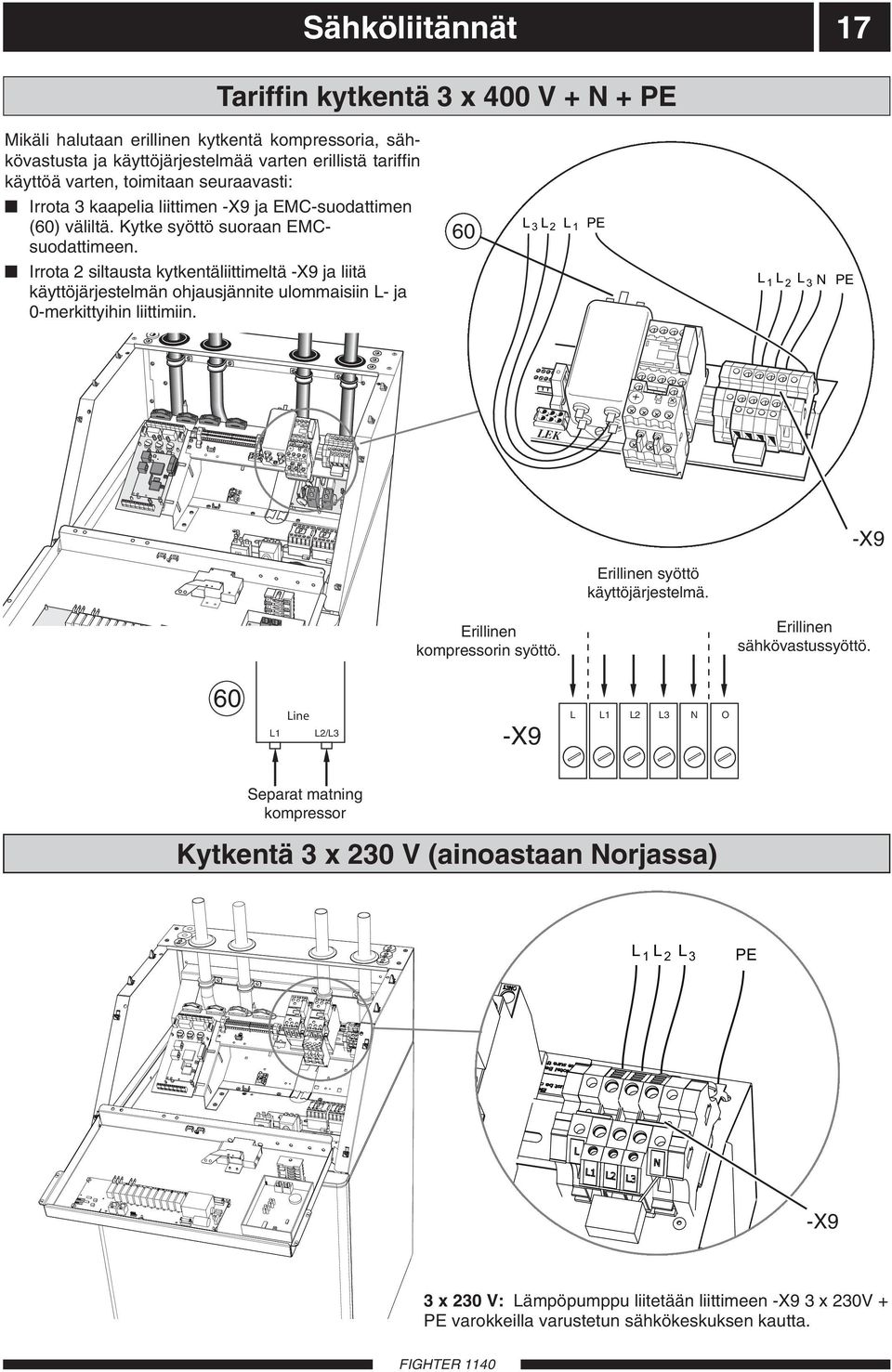 Irrota 2 siltausta kytkentäliittimeltä -X9 ja liitä käyttöjärjestelmän ohjausjännite ulommaisiin L- ja 0-merkittyihin liittimiin.