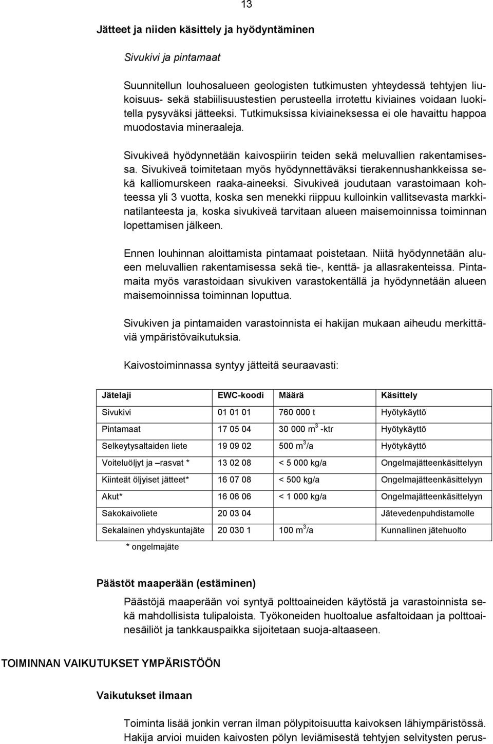 Sivukiveä hyödynnetään kaivospiirin teiden sekä meluvallien rakentamisessa. Sivukiveä toimitetaan myös hyödynnettäväksi tierakennushankkeissa sekä kalliomurskeen raaka-aineeksi.