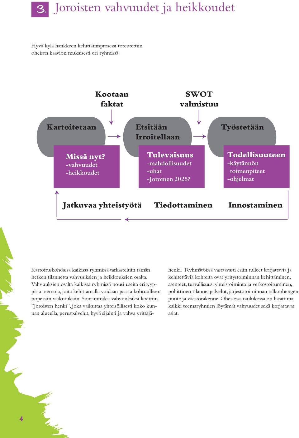 Suurimmiksi vahvuuksiksi koettiin Joroisten henki, joka vaikuttaa yhteisöllisesti koko kunnan alueella, peruspalvelut, hyvä sijainti ja vahva yrittäjähenki.