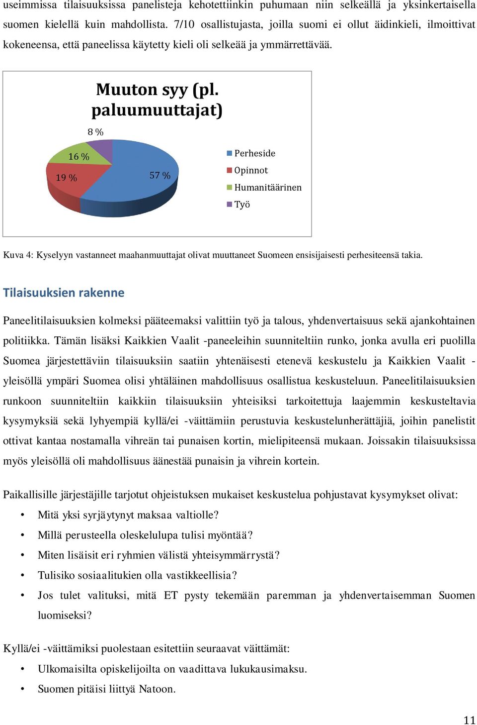 paluumuuttajat) 8 % 19 % 16 % 57 % Perheside Opinnot Humanitäärinen Työ Kuva 4: Kyselyyn vastanneet maahanmuuttajat olivat muuttaneet Suomeen ensisijaisesti perhesiteensä takia.