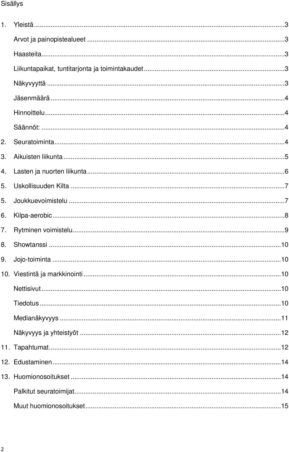 Kilpa-aerobic... 8 7. Rytminen voimistelu... 9 8. Showtanssi... 10 9. Jojo-toiminta... 10 10. Viestintä ja markkinointi... 10 Nettisivut... 10 Tiedotus.