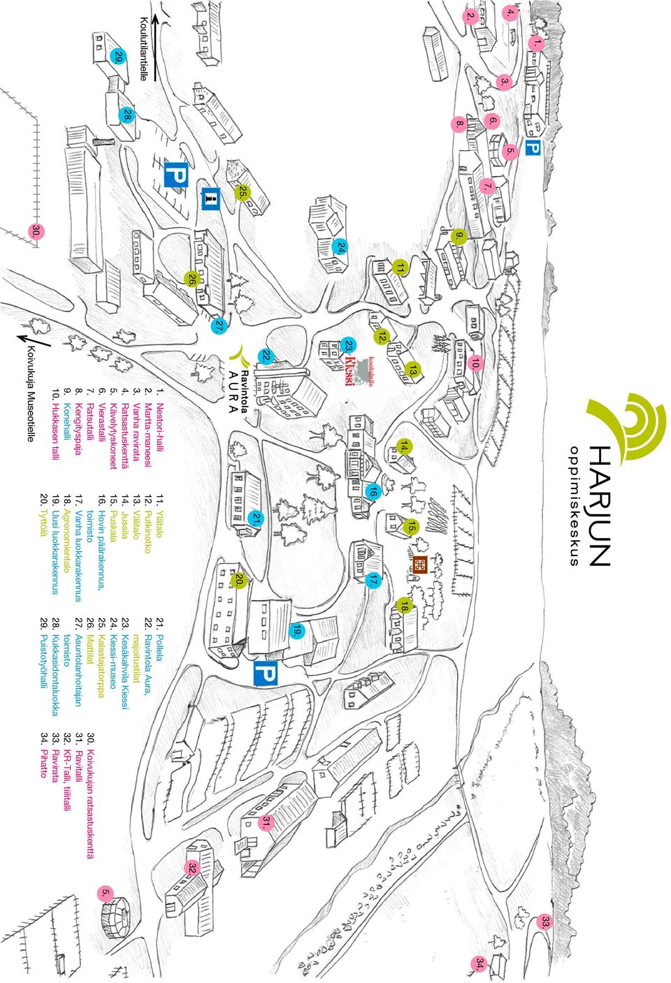 Puskala 16. Hovin päärakennus, toimisto 17. Vanha luokkarakennus 18. Agronomientalo 19. Uusi luokkarakennus 20. Tyttölä 19. 21. Pollela 22. Ravintola Aura, majoitustilat 23. Kesäkahvila Kiessi 24.