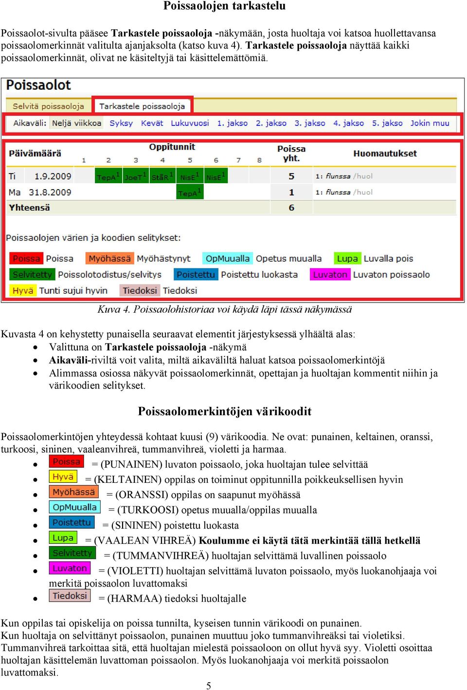 Poissaolohistoriaa voi käydä läpi tässä näkymässä Kuvasta 4 on kehystetty punaisella seuraavat elementit järjestyksessä ylhäältä alas: Valittuna on Tarkastele poissaoloja -näkymä Aikaväli-riviltä