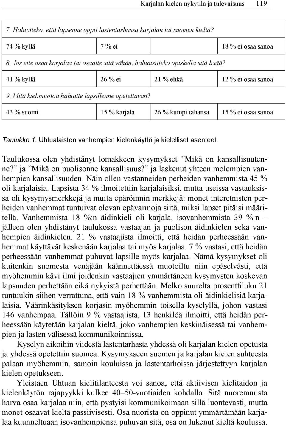 43 % suomi 15 % karjala 26 % kumpi tahansa 15 % ei osaa sanoa Taulukko 1. Uhtualaisten vanhempien kielenkäyttö ja kielelliset asenteet.