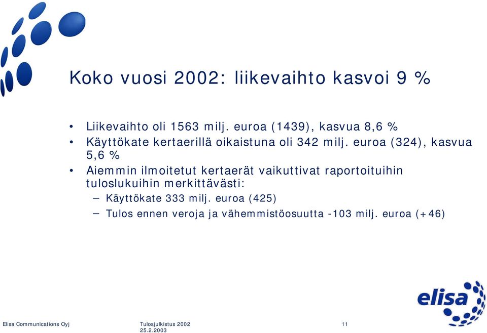 euroa (324), kasvua 5,6 % Aiemmin ilmoitetut kertaerät vaikuttivat raportoituihin