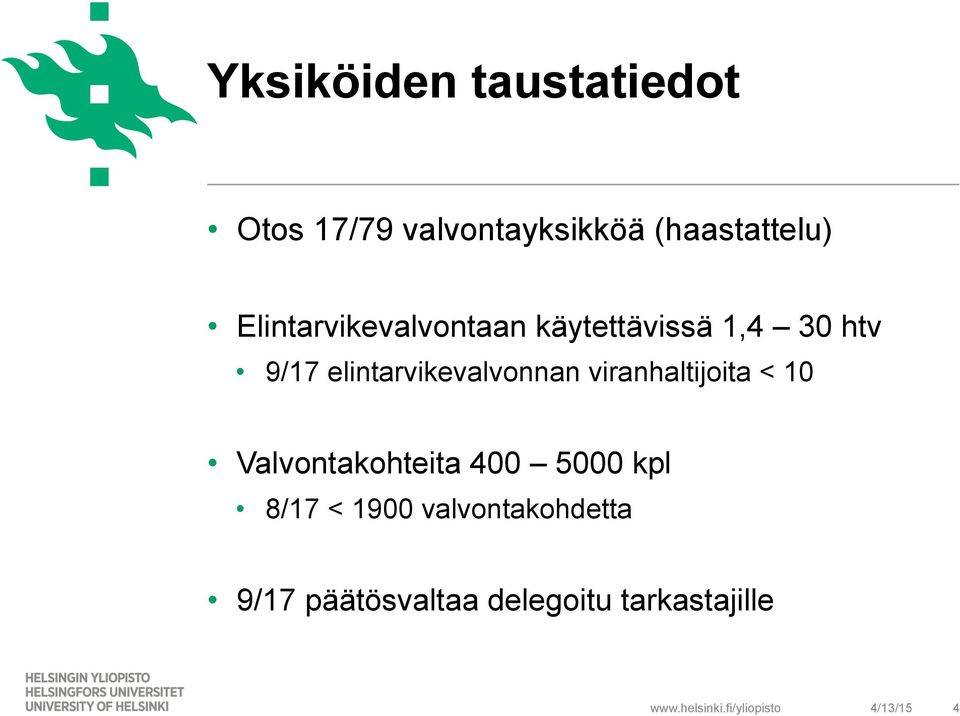 elintarvikevalvonnan viranhaltijoita < 10 Valvontakohteita 400 5000