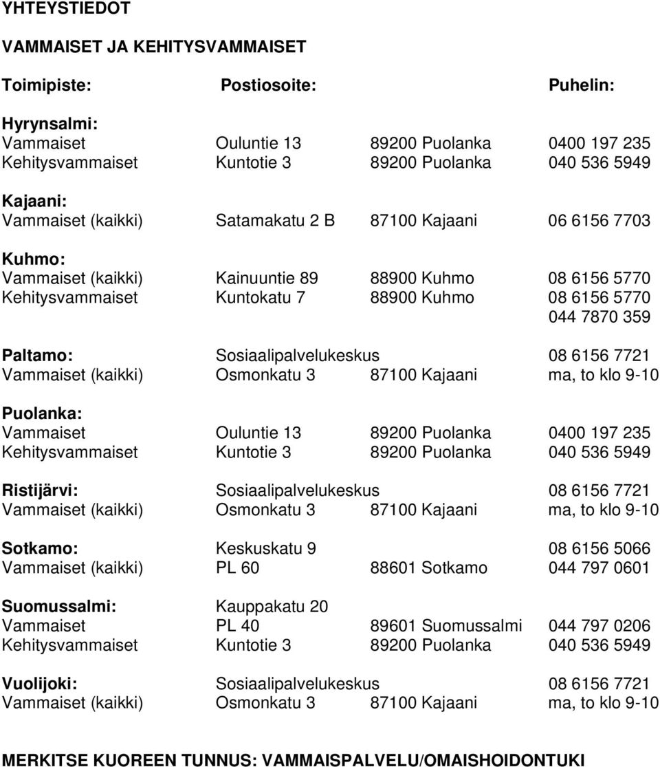 359 Paltamo: Sosiaalipalvelukeskus 08 6156 7721 Vammaiset (kaikki) Osmonkatu 3 87100 Kajaani ma, to klo 9-10 Puolanka: Vammaiset Ouluntie 13 89200 Puolanka 0400 197 235 Kehitysvammaiset Kuntotie 3