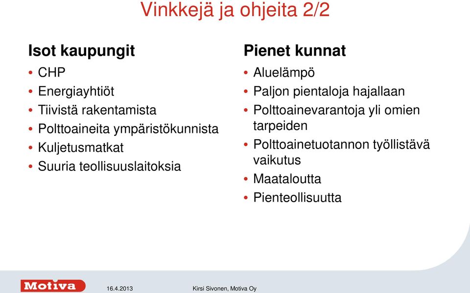 Pienet kunnat Aluelämpö Paljon pientaloja hajallaan Polttoainevarantoja yli