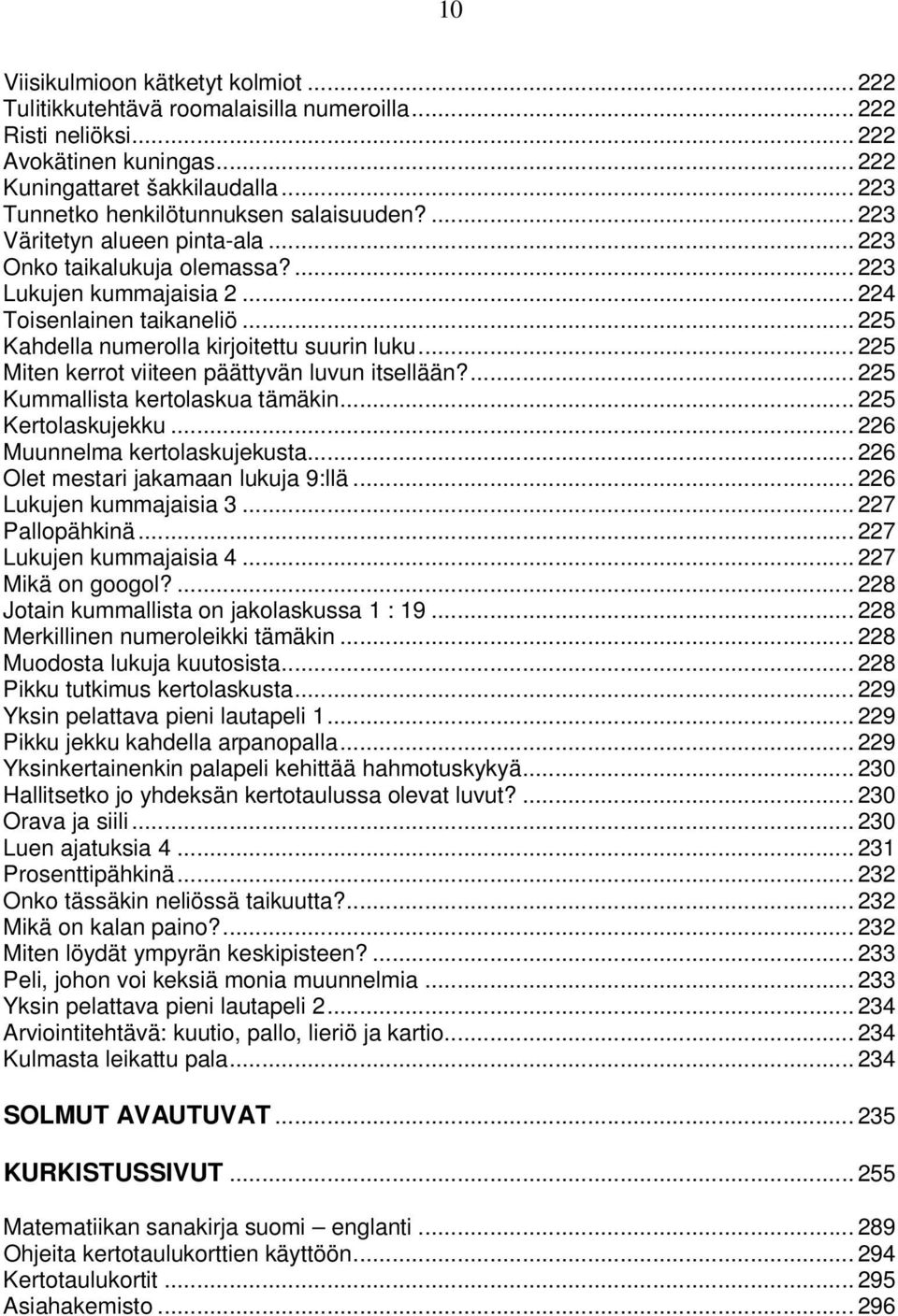 .. 225 Kahdella numerolla kirjoitettu suurin luku... 225 Miten kerrot viiteen päättyvän luvun itsellään?... 225 Kummallista kertolaskua tämäkin... 225 Kertolaskujekku... 226 Muunnelma kertolaskujekusta.