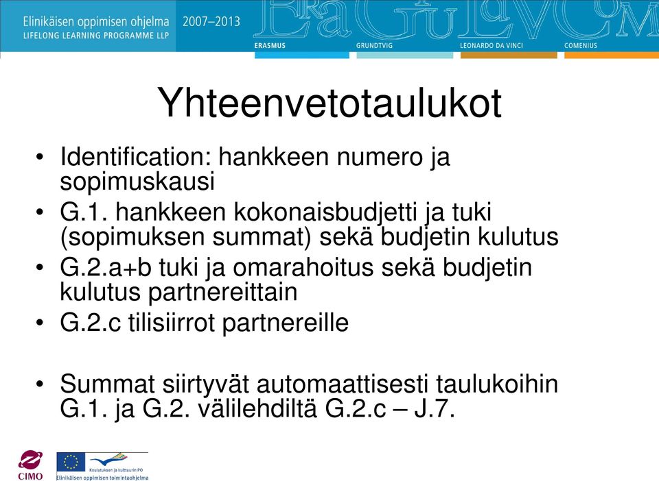 a+b tuki ja omarahoitus sekä budjetin kulutus partnereittain G.2.