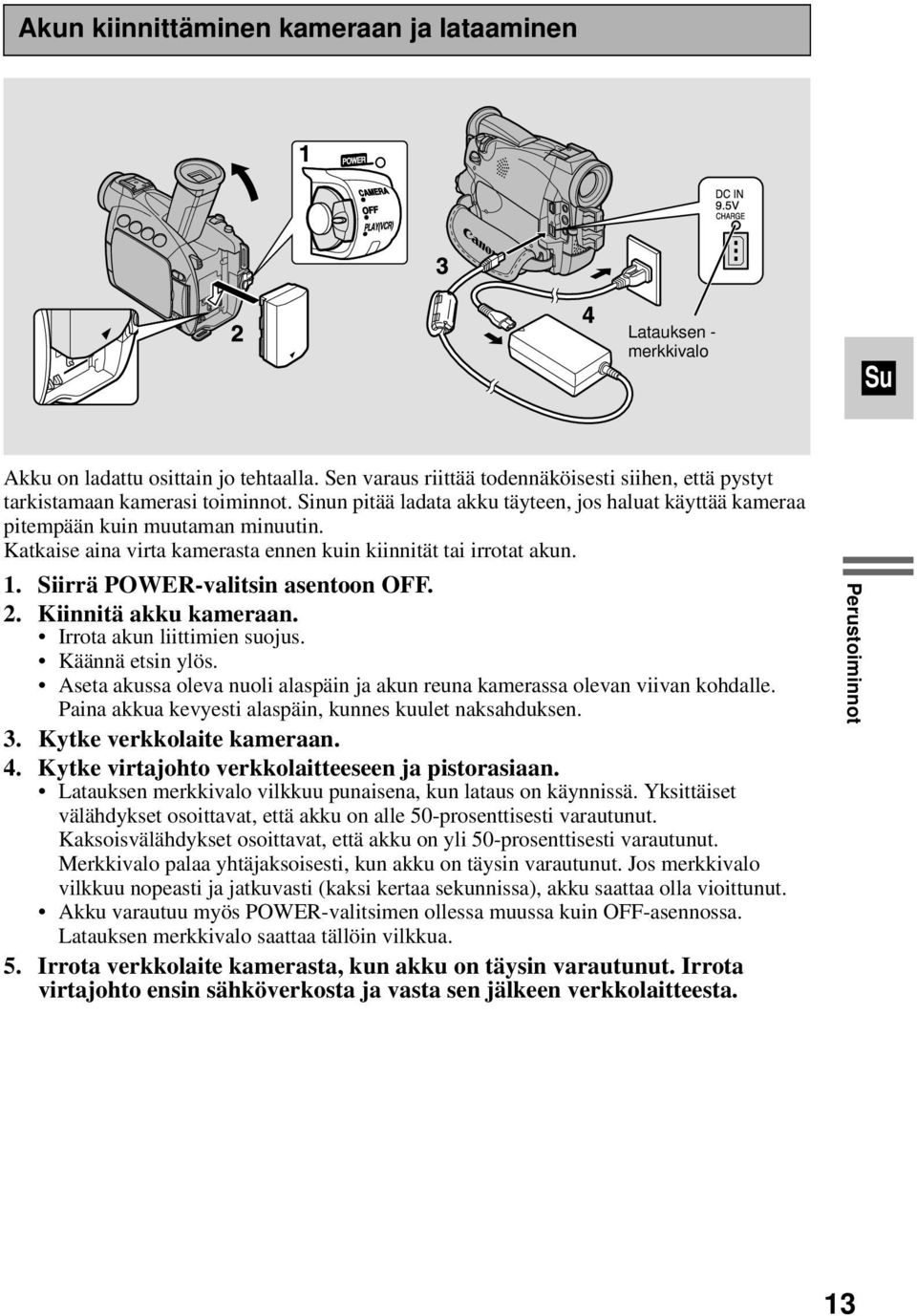 Katkaise aina virta kamerasta ennen kuin kiinnität tai irrotat akun. 1. Siirrä POWER-valitsin asentoon OFF. 2. Kiinnitä akku kameraan. Irrota akun liittimien suojus. Käännä etsin ylös.