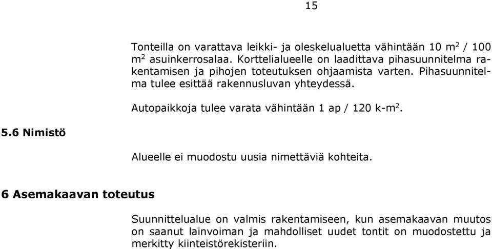 Pihasuunnitelma tulee esittää rakennusluvan yhteydessä. Autopaikkoja tulee varata vähintään 1 ap / 120 k-m 2. 5.